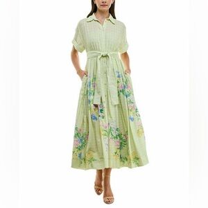 NWT Taylor Eyelet-Embroidered Floral Belted Cotton Shirt Midi Dress Green Sz 4